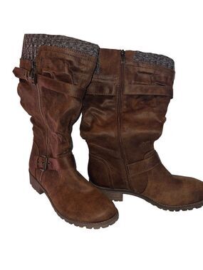 Chelsey Brown Knee-High Boots with Buckle, Size 9